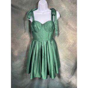 Johnny Wujek Emerald Green Corset Mini Dress Tie Shoulder Pleated Skirt XS/S